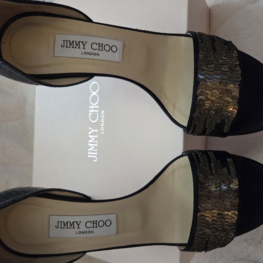 Jimmy Choo Black and Gold Sequin Heels